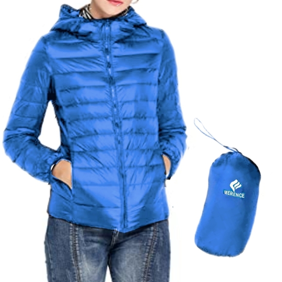 Merence Jackets & Blazers - Down Filled Womens Packable Blue Zip Attached Hood Puffer with Pouch Sz S NWT